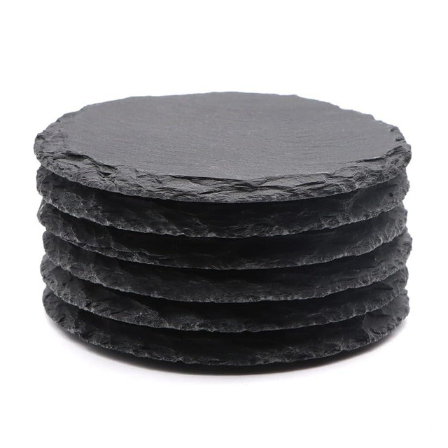 6 Pack Round Slate Drink Coasters, VIBRATITE 4 Inch Black Slate Stone Coasters Bulk Cup Coasters Laser Engraving Blanks with Anti-Scratch Bottom for Drink Coffee Bar Kitchen Home Decor