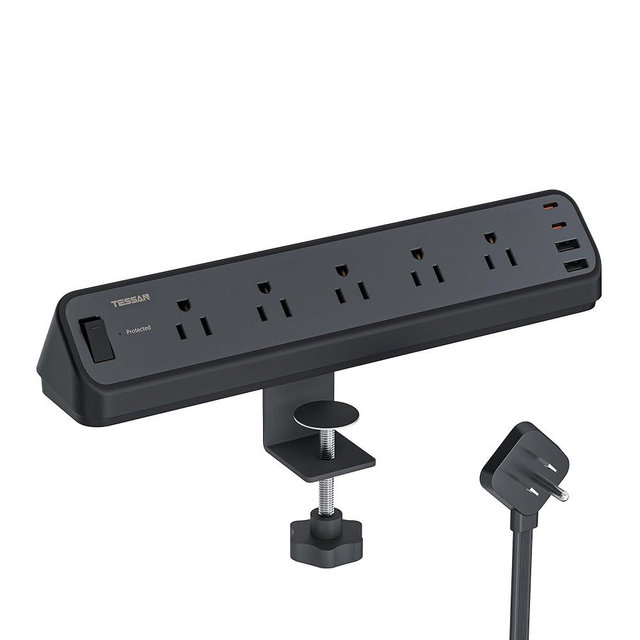 Desk Clamp Power Strip Black, TESSAN 6 Ft Flat Plug Extension Cord with Multiple Outlets, 5 Outlets with 4 USB (2 USB C), 2100J Surge Protector Power Strip, Office Home Dorm Gaming Room Essentials