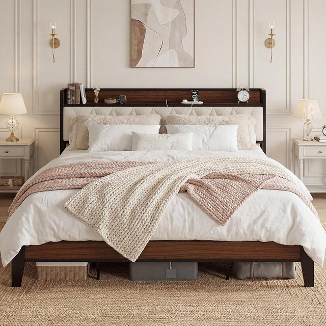 ANCTOR King Bed Frame, Storage Headboard with Charging Station, Platform Bed Frame with Strong Metal Support, Sturdy and Stable, Noise Free, No Box Spring Needed, Easy Assembly, Walnut