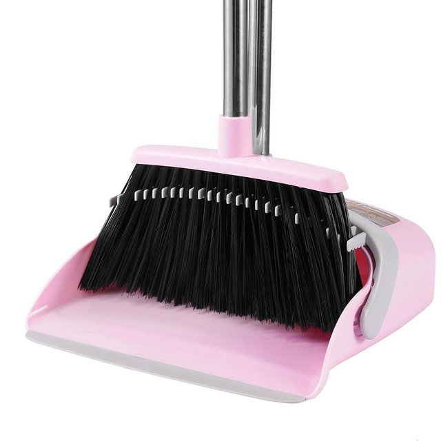 BSKLIN Broom and Dustpan Set, 54” Long Adjustable Handle Broom with Dustpan Combo Set Heavy Duty with Dust Pan Teeth to Clean Hair for Home Lobby Office (Medium Pink)