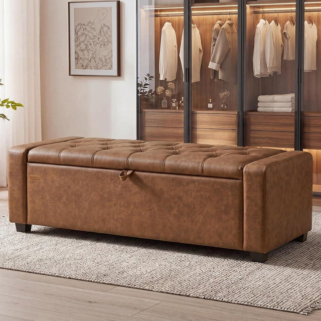 SONGMICS Storage Ottoman, Storage Chest Bench with Legs, End of Bed Bench with Safety Hinges, Pull Tab, for Living Room, Bedroom, 19.7 x 47.6 x 16.5 Inches, Synthetic Leather, Coffee Brown ULOM521KQ01