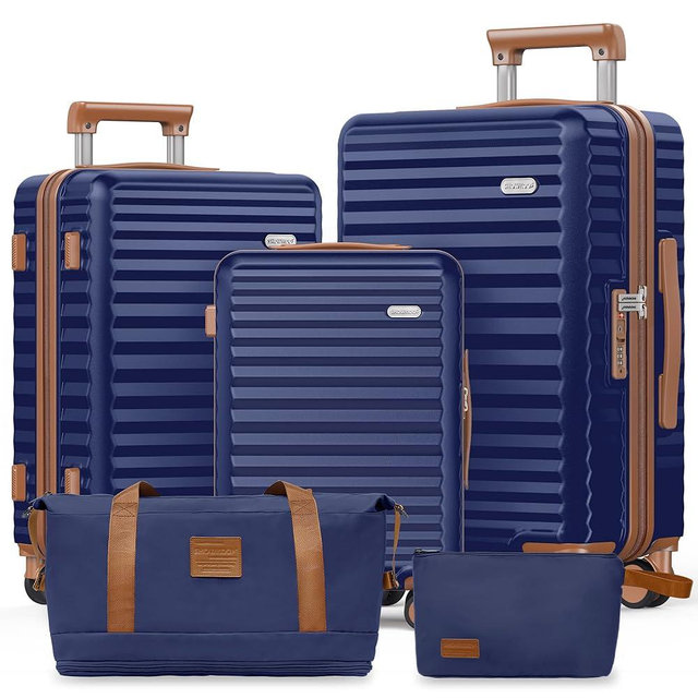 SHOWKOO Luggage Sets 3 Piece Hardside Expandable Suitcase with Double Spinner Wheels Tsa Lock, (Blue, 5 piece set)