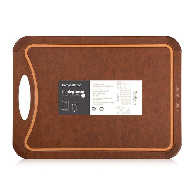 CompactStone Cutting Board with Non-Slip Feet and Juice Groove for Kitchen, Wood Fiber Composite, 14.6-Inch by 10.8-Inch, Brown