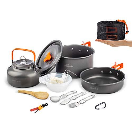 Overmont Camping Cookware Mess Kit, Lightweight Pot Pan Kettle Fork Knife Spoon Kit for Backpacking, Outdoor Hiking and Picnic