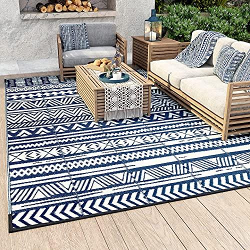 MontVoo Reversible Boho Outdoor Rugs 6' x 9' Easy Cleaning Waterproof Outdoor Patio Rug Non-Slip Durable Large Area Rug for Patio RV Camping Deck Garden Picnic Navy Blue and White