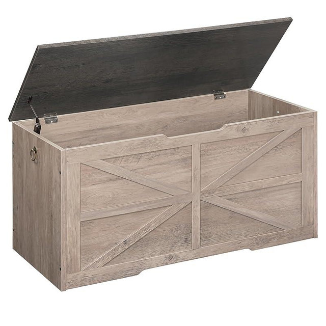 CHOEZON Storage Chest, 39.4" Wooden Storage Trunk, Retro Storage Bench with Safety Hinge, Toy Chest Storage, Farmhouse Style, for Bedroom, Living Room, Charcoal Gray and Greige MCW10HC