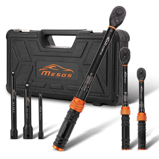 MESGS 6PCS Torque Wrench Set, 1/4" 3/8" 1/2" Drive Click Torque Wrenches (20-240 in.lb, 5-45 ft.lb, 10-180 ft.lb) ±3% Accuracy, 72-Tooth Dual-Direction Dual-Scale for Bike, Motorcycle, Car Repair