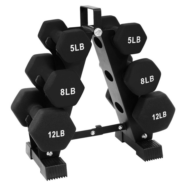 BalanceFrom 50-Pound Neoprene Coated Hexagon Dumbbell Set with Rack Stand, 3 Pairs of 5, 8, and 12-Pound Dumbbells, for Home Workout, Black