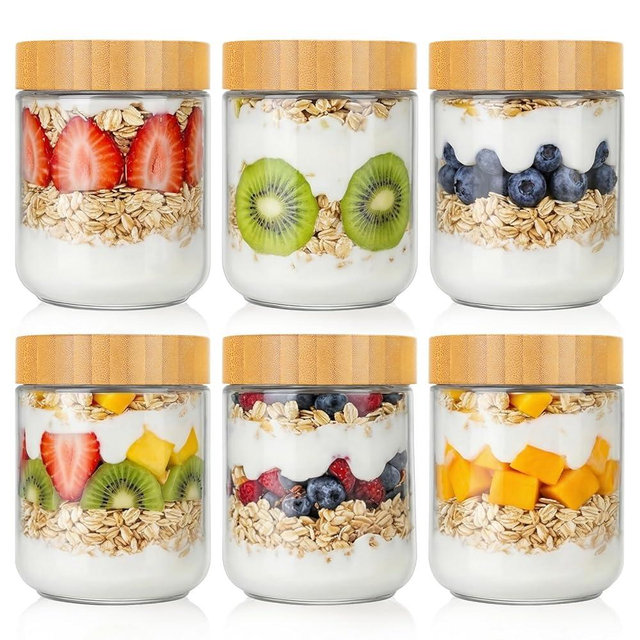 Moretoes 6 Pack Overnight Oats Containers with Lids, 16oz Glass Storage for Dry Food, Jars with Lids for Yogurt & Salad, Portable for Picnic & Lunch, Transparent Square Design for Kitchen Pantry Jars