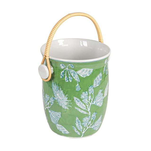 Creative Co-Op Green Ceramic Wine Cooler with Bamboo Handles