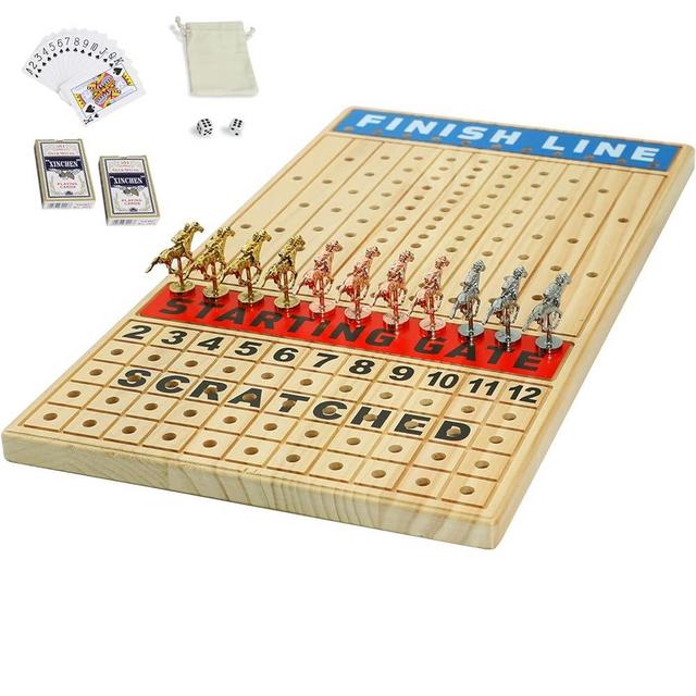 Grhonior Large 21 inches Horse Racing Board Game with 11 Luxury Metal Horses Thickened Wood Game Chessboard Including Dice and Cards Finish LINE Race Game Board