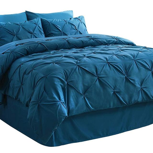 Bedsure Comforter Set King Bed in A Bag Teal 8 Pieces - 1 Pinch Pleat Comforter(102x90 inches), 2 Pillow Shams, 1 Flat Sheet, 1 Fitted Sheet, 1 Bed Skirt, 2 Pillowcases