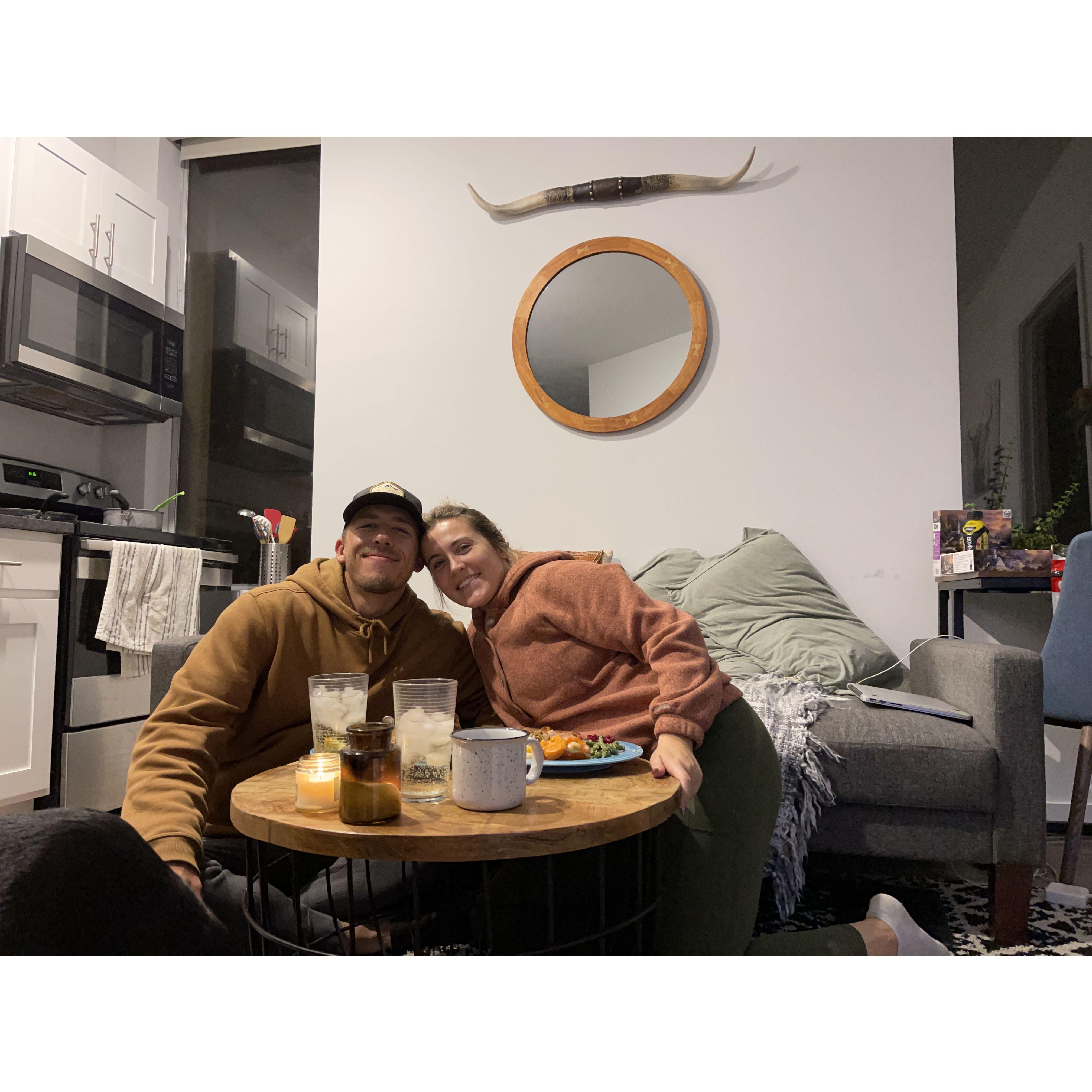 Hello Fresh dinner together in Nick's 500 sq. ft. apartment!