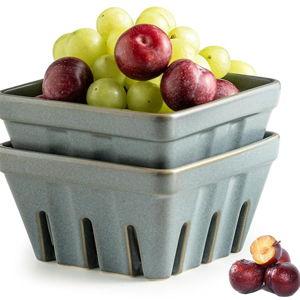 Gomakren Fruit Basket for Kitchen, Fruit Bowl with Holes, Ceramic Berry Basket Set of 2, 5.7 Inch Square Berry Containers for Fridge, Table, Modern Kitchen Decor, Slate Blue