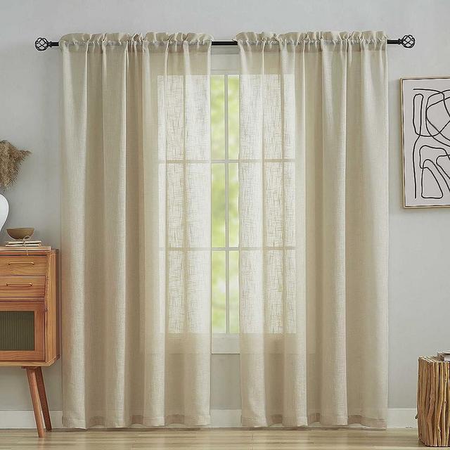 Home Brilliant Linen Sheer Curtains 72 inch Long Sheer Curtain Panels Window Drapes for Summer Bedroom Living Room Rustic Drapery, 2 Panels, 54 x 72 inches, Linen