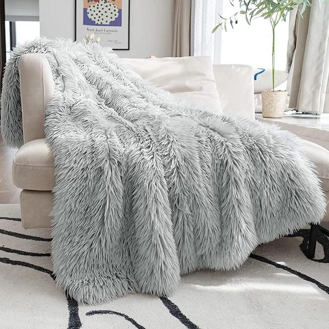 JONIYEAR Luxury Decorative Fluffy Faux Fur Throw Blanket 50" x 60", Soft Fuzzy Furry Blanket for Bedroom Living Room, Cozy Shaggy Plush Blankets for Couch and Sofa, Cutey Lovely Blanket for Pets,Grey