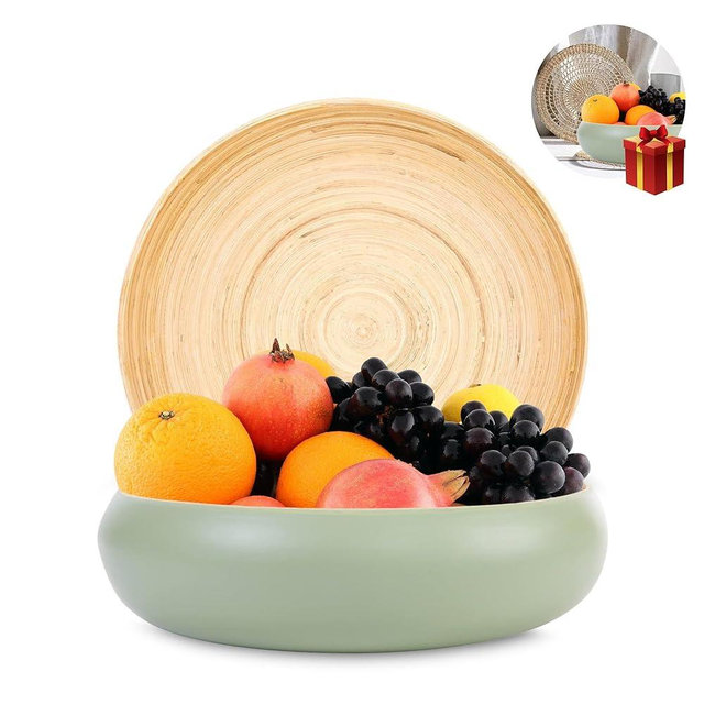 BaydenB Spun Bamboo Decorative Fruit Bowl with Bonus Charger - Large Serving Bowl, Kitchen Basket, Home Decor, Spun Bamboo Kitchen Counter Bowl (Sage)