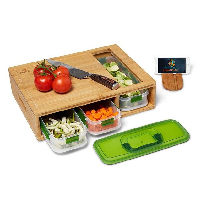 Peace and Love Global Products Bamboo Cutting Board with Drawers - Meal Prep Container - Food Storage - Large Chopping Block - Juice Groove - Food Sliding Opening - Cutting Board with 3 Air Tight lids