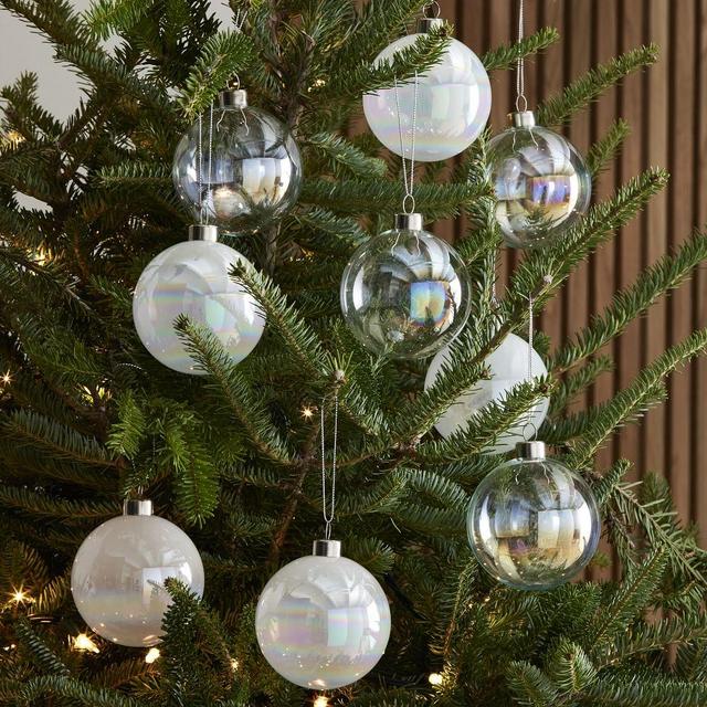 Glass Ball Ornament Box, Pearl White & Iridescent, Set of 9