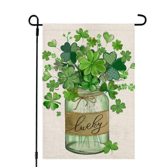 CROWNED BEAUTY St Patricks Day Shamrocks Mason Jar Garden Flag 12x18 Inch Double Sided for Outside Small Burlap Green Clovers Lucky Welcome Yard Holiday Flag