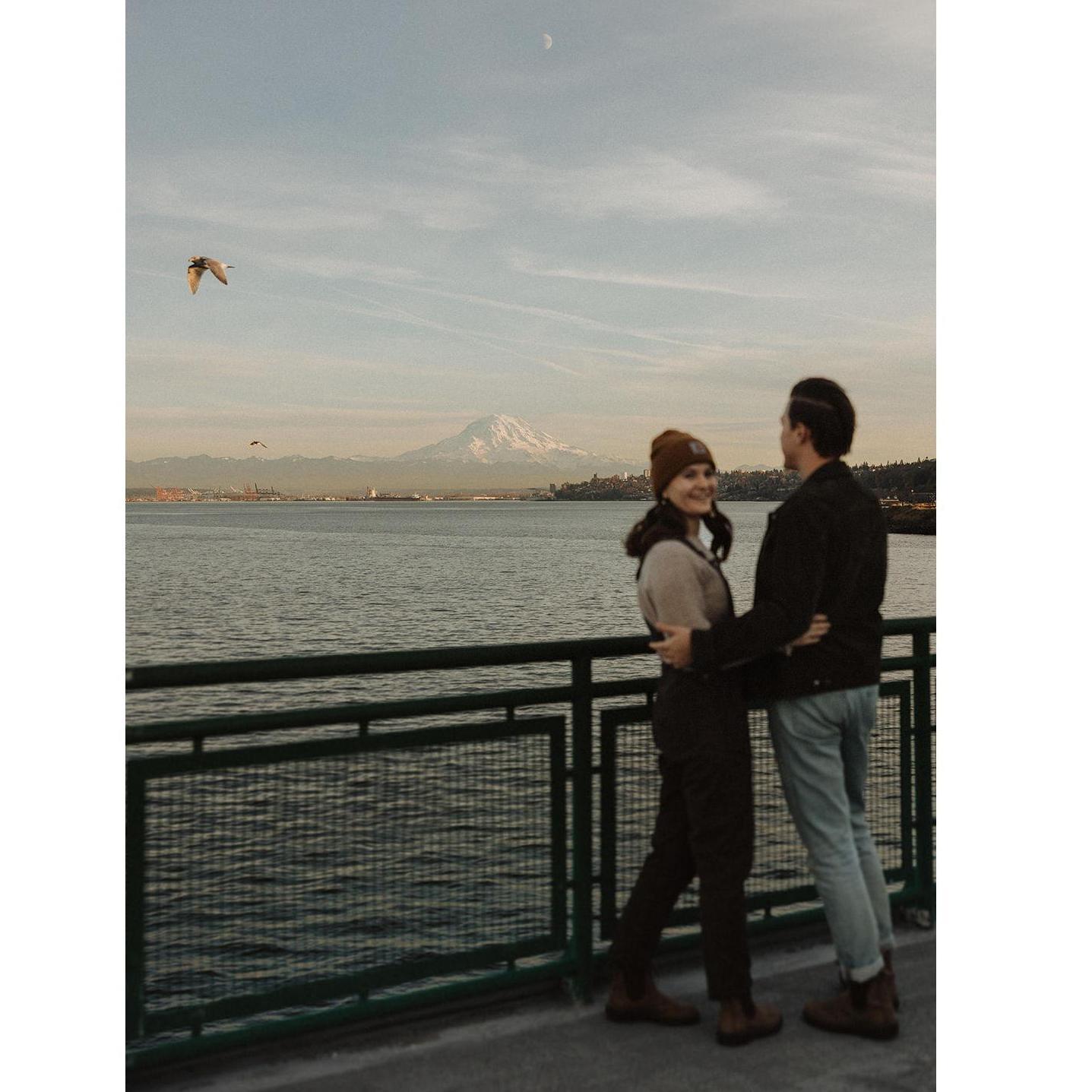 Engagement photos by In the Alpenglow on the Vashon Island ferry in Wahington in the fall of 2023.