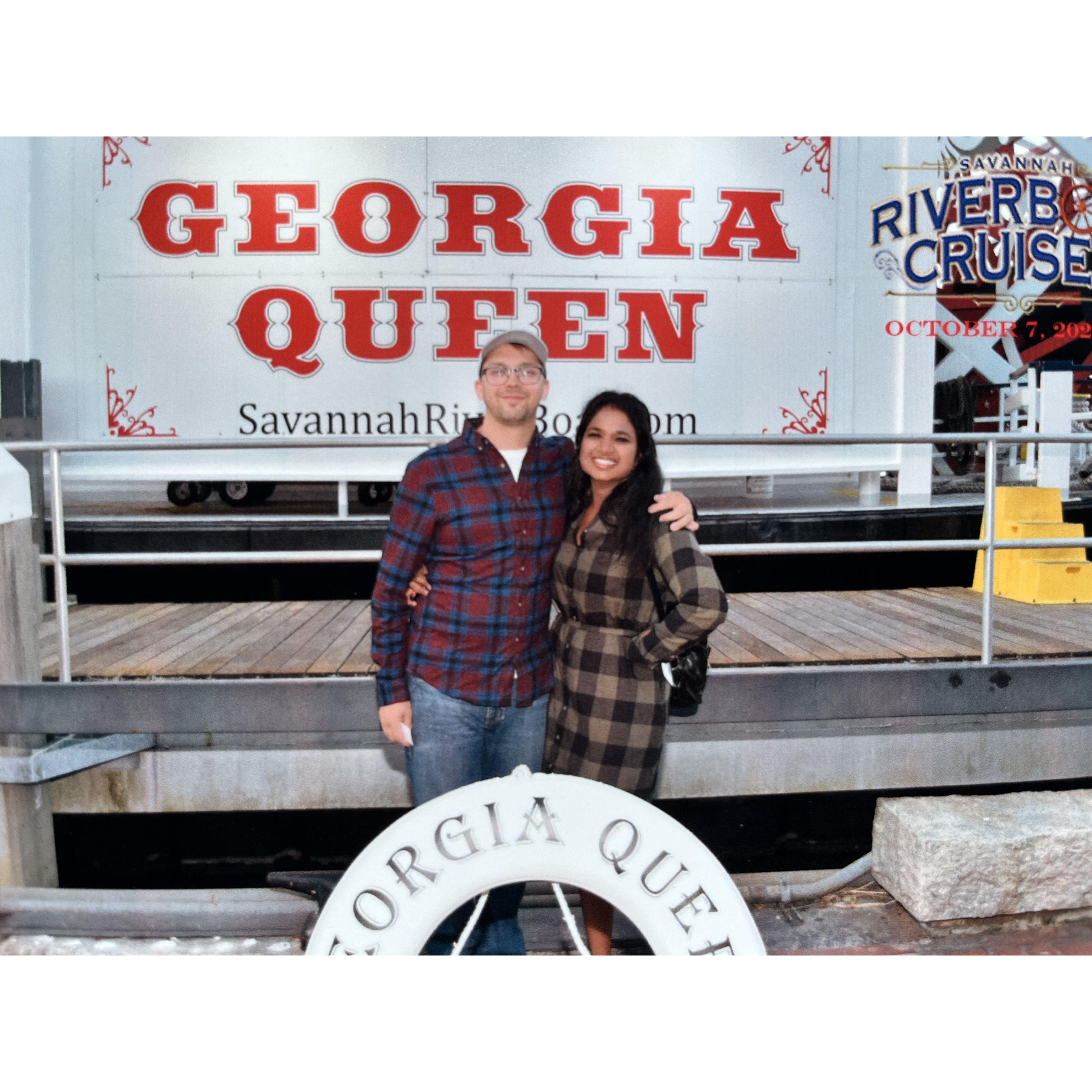 Ambika’s first Savannah trip with Tyler and friends was a blast — dinner on a boat and a hug for the veggie-friendly chef!