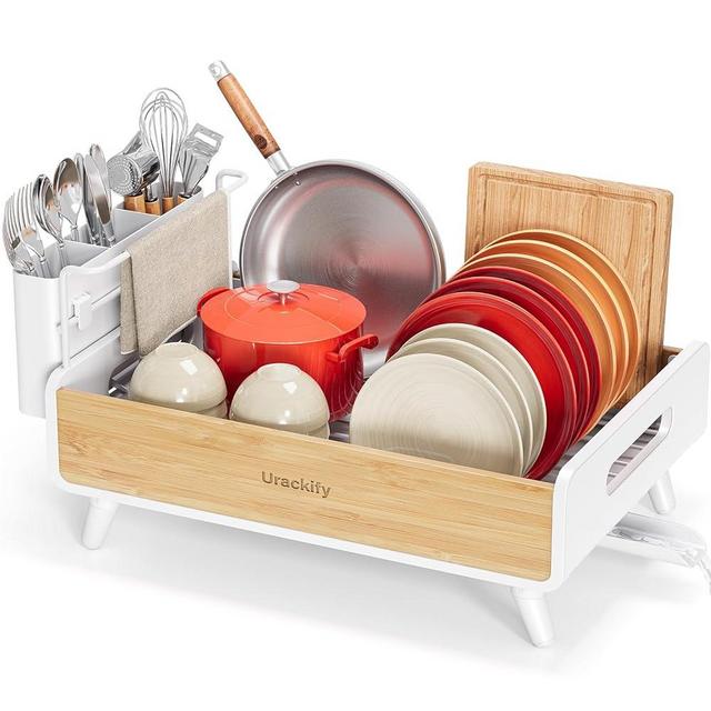 Urackify Dish Drying Rack for Kitchen Counter - Stainless Steel & Bamboo Dish Rack with Large Removable Utensil Holder, Dish Drainer with Adjustable Automatic Spout, White