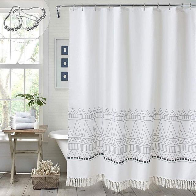 MitoVilla White Boho Shower Curtain with Tassel, Heavy Duty Bohemian Black and White Geometric Chevron Stripe Bathroom Curtain, Weighted Tribal Chic Print for Modern Bathroom Decor, 72" W x 72" L