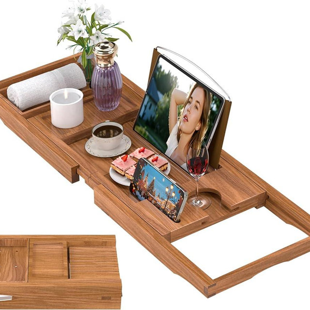 Premium Teak Bathtub Tray Caddy, Expandable Wooden Bath Tray for Tub,Luxury Bathroom Accessories,Great House Warming, Anniversary & Wedding and Birthday Gifts