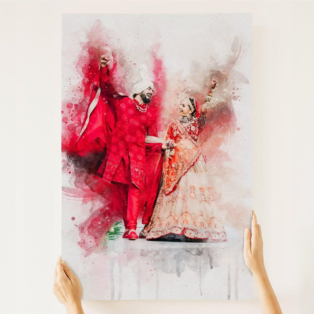 Indian Wedding Decor Watercolor Custom Portrait from Photo, Hindu Couple Engagement Gift, Wedding Ceremony Program, Family Stretched Canvas