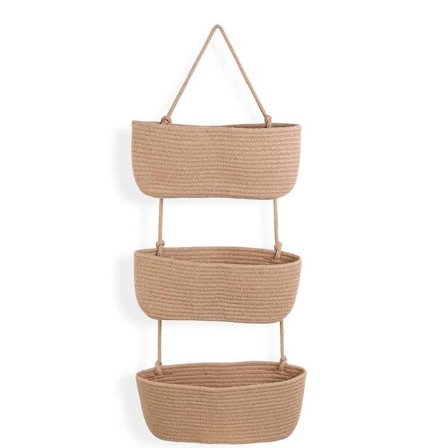 Lagute 3-Tier Woven Hanging Basket, Hanging Kitchen Baskets, Fruit and Vegetable Storage Organizer, Magazine Racks, Decorative Wall Hanging Basket, Brown