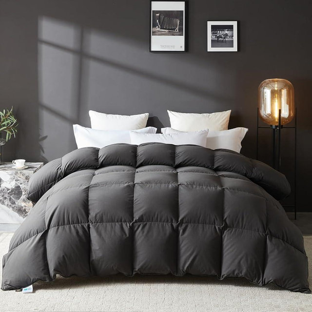 L LOVSOUL Goose Feather Down Fiber Comforter Queen Size, 100% Organic Cotton Fabric Duvet Insert,1200TC,750+FP, Hotel Collection, All Season Grey Bedding Comforters with 8 Tabs