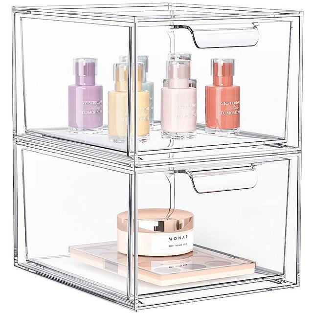 SpaceHacks 2 Pack Stackable Makeup Organizer and Storage, Acrylic Organizers，Clear Plastic Storage Drawer with Pull-Out Handles for Vanity, Undersink, Kitchen Cabinets, Pantry