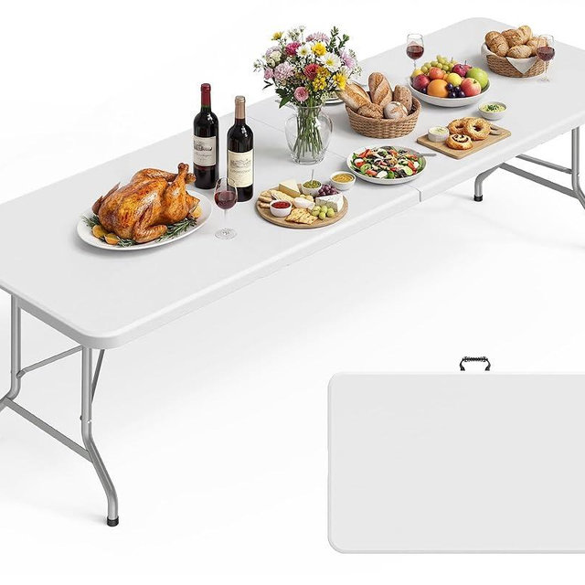 Pureegg 8FT Folding Table - No Assembly Required, Versatile Dining Table with Carrying Handle & Tabletop Safety Lock, Portable Foldable Table for Party, Craft, Camping, Picnic, White