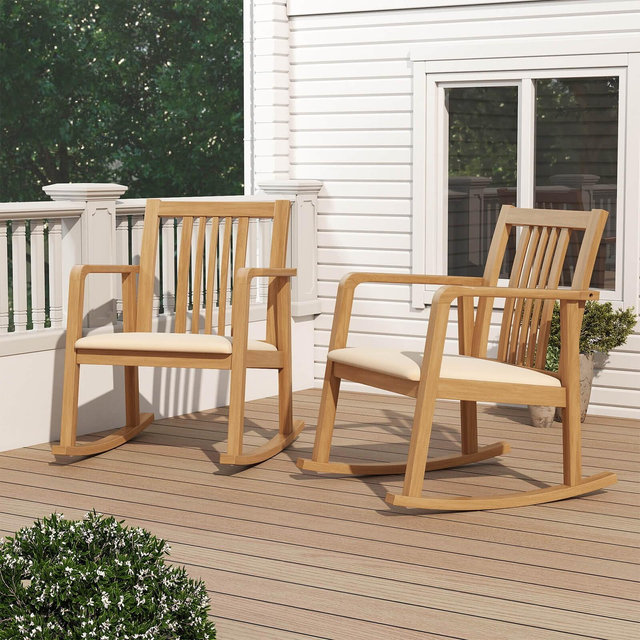 Costway 2 PCS Rocking Chair with Cushioned Seat, Slatted Back & Curved Armrests for Bedroom Natural + Beige