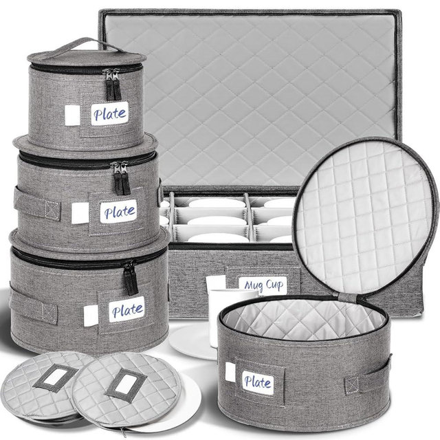 LUXULA China Storage Containers for 12 Place Setting with Two Plate Bags, 5 Pcs Hard Shell Quilted China Storage Cases for Dinner Plates, Salad Plates, Dessert Plates, Saucers, Cups & Mug Storage