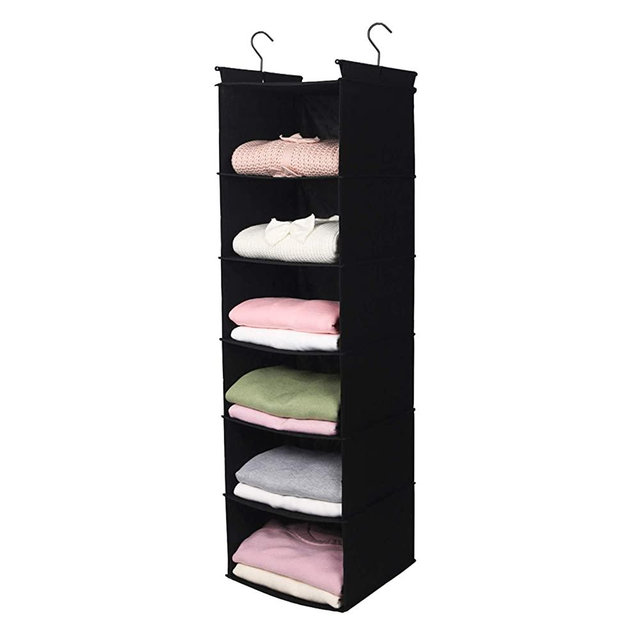 6 Tier Shelf Hanging Closet Organizer, Cloth Hanging Shelf with 2 Sturdy Hooks,for Storage,Foldable (Black)