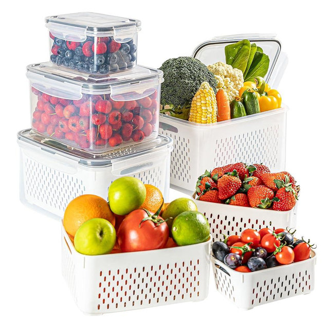 AVUX Food Storage Bins with Colander – A (4 Pcs) Airtight and Leak Proof Plastic Storage Saver Container Set for Fridge Organizer to Store Salad, Vegetables, Meat, Fruits and Frozen Food
