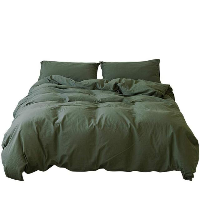MKXI Nature Bedding Sets Dark Green 100% Washed Cotton Duvet Cover Set with Zipper Cloure Solid Color Simple Style, Queen