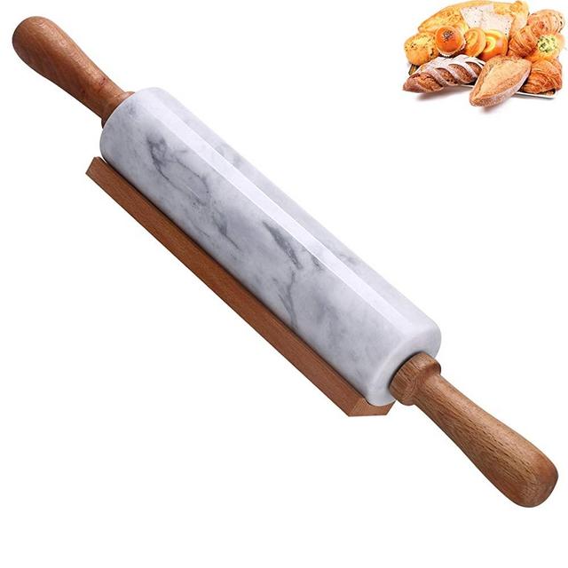 SIPARUI Marble Rolling Pin with Wooden Cradle Thick Handle Set for Baking,18.5 inch Premium Quality Polished Roller for Pizza Dough,Fondant,Pie Crust,Non-Stick Surface Easy to Clean(White)