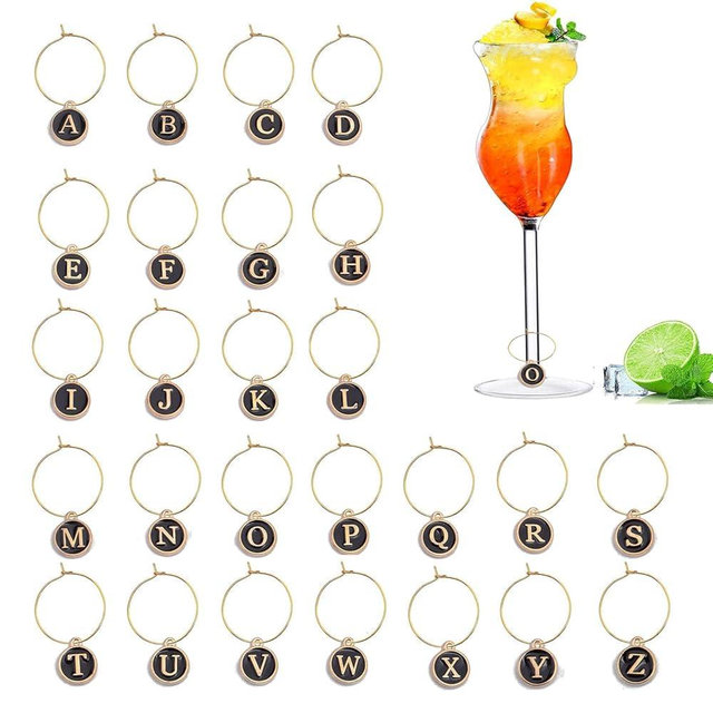 MOSNLEILA 26 Pieces Wine Glass Charms Wine Charms for Stem Glasses Wine Glass Markers Wine Glass Identifier Charms Drink Markers Wine Glass Tags for Christmas Wine Party Decorations （Metal Letters）