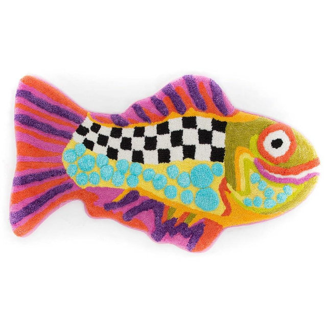 MACKENZIE-CHILDS Bath Rug, Bath Mat for Bathroom Use, Cotton Rug, 20" H x 36" W, Happy Fish