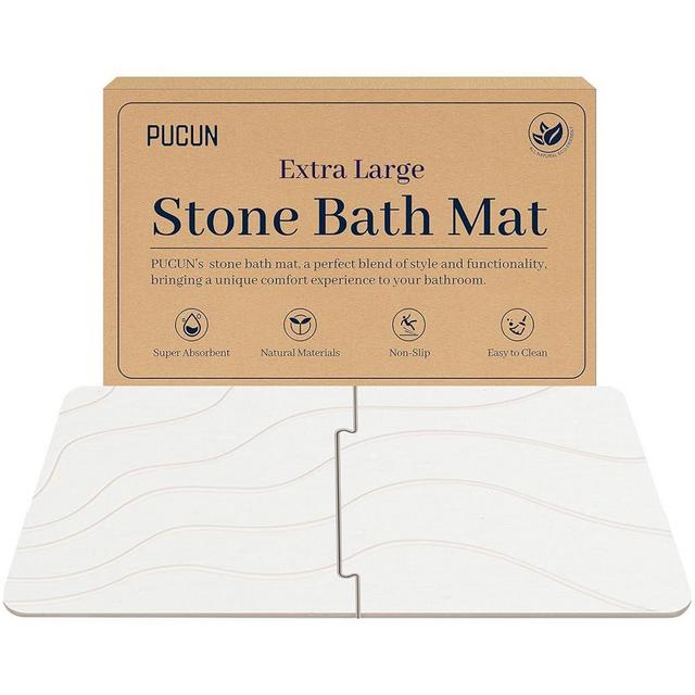 PUCUN 32 * 20 Stone Bath Mat Large Diatomaceous Earth Non-Slip Stone Shower Mat,Diatomite Bath Mat for Bathroom Floor -Natural, Easy to Clean White