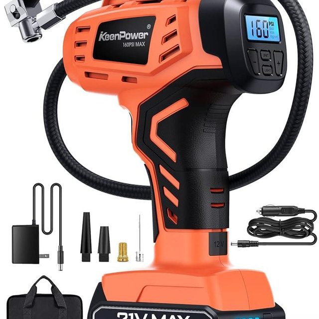 KeenPower Tire Inflator Air Compressor, 21V Cordless Car Tire Pump with Rechargeable Li-ion Battery, 12V Car Power Adapter, Digital Pressure Gauge, Suitable for Cars E-bikes Balls Motorcycles