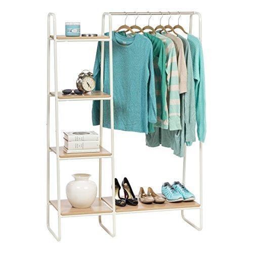 IRIS Metal Garment Rack with Wood Shelves, White and Light Brown