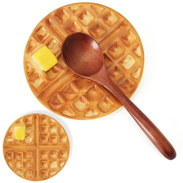 Waffle Spoon Rest for Stove Top, Cute Spoon Holder for Kitchen Counter Cooking Utensil Rest Ceramic Coffee Spoon Rest, Yellow Kitchen Counter Decor (Round Waffle Spoon Holder)