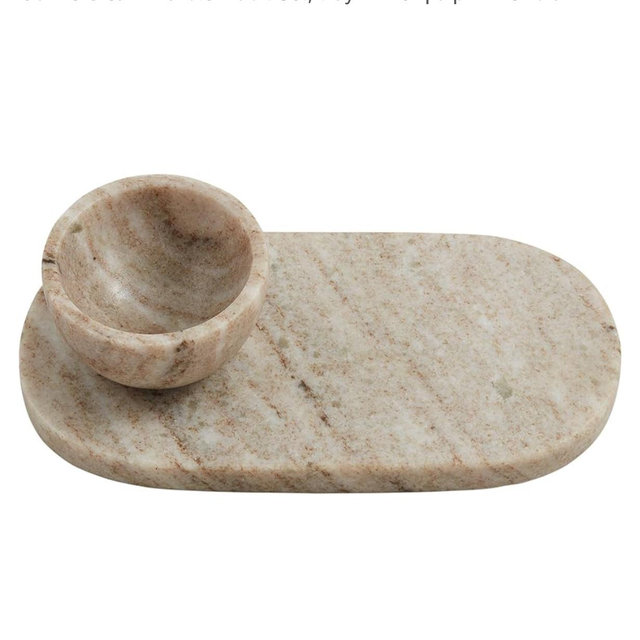 Mud Pie Cream Marble Tidbit Set, tray 4" x 8" | dip 2" x 3" dia