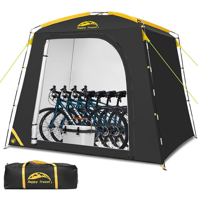 Happy Travel Bike Storage Shed Tent, Waterproof Portable Bike Cover with 40% More Top Space for 2/3/4/5 Bikes,Clips Easy Setup Sheds Shelter with Lockable Bicycle Design for Garden Tools, Lawn Mower
