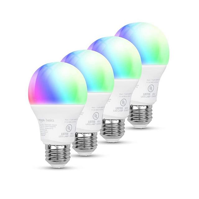 Amazon Basics Smart A19 LED Light Bulb, Color Changing, 2.4 GHz Wi-Fi, 60W Equivalent 800LM, Works with Alexa Only, 4-Pack, Certified for Humans