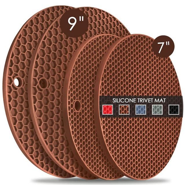 Silicone Trivets for Hot Dishs, 7 Inch & 9 Inch Heat Resistant Silicone Hot Pads Pot Holders for Kitchen Counter, Flexible Round Silicone Trivet Mats, Silicone Potholders(Coffee)